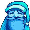 a blue and green pixel illustration of the ghost of grandpa from Stardew Valley he has a sleeping cap on and a long blue beard