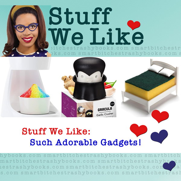 Stuff We Like Such Adorable Gadgets with a picture of shaved ice, a vampire garlic crusher and a sponge holder that looks like a bed