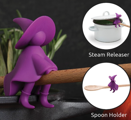 A purple rubber witch who can sit astride a wooden spoon handle to keep it on the edge of a pot or pan, and her back can be used to tilt open a cooking pot lid to release steam