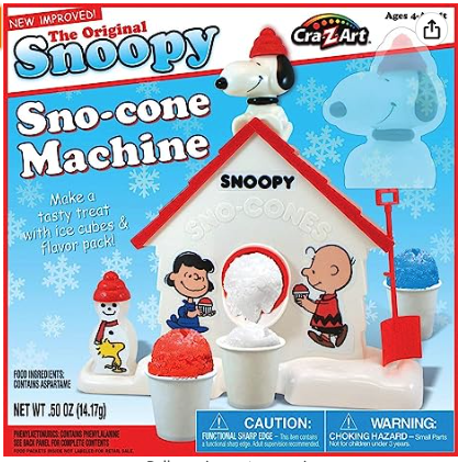 Snoopy Sno-Cone Machine, a dog house with snoopy on the top and a dispensary of shaved ice in the front