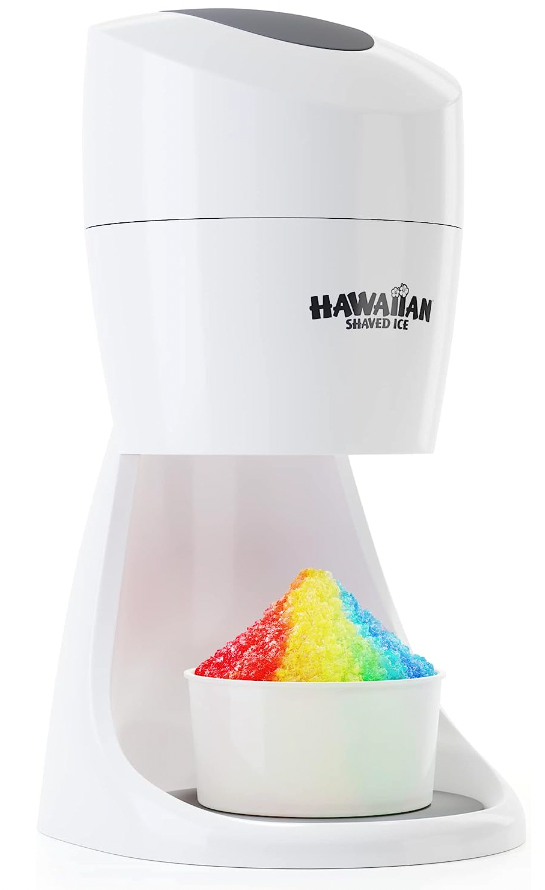 Hawaiian shaved ice maker in white plastic with a rainbow cup of shaved ice below 