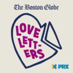 LOVE LETTERS podcast logo a blue heart with the word love letters inside in purple, and the top right side of the heart is turned inward and triangular so it looks like a letter.