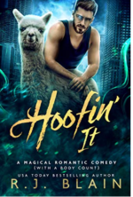 Hoofin It by RJ Blain. A man with a glowing blue eye and carefully sculpted facial hair is casually leaning over a llama.