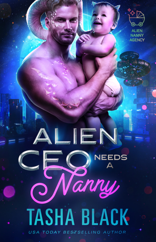 Alien CEO Needs a Nanny by Tasha Black. A neon blue cover with a futuristic cityscape in the background. The model is a shirtless man with a pinkish purple skin tone. He has white triangle markings on his chest, arms, and around his eyes, and a set of ram's horns curling from his skull. He's also holding a very happy baby, who is wearing just a diaper and has teeny tiny horns of their own.