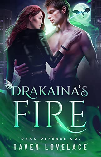 Drakaina's Fire by Rave Lovelace. Neon green swirls around the edges of this cover, as a man and woman embrace. A dragon flies in front of a full moon in the top right corner. The man is shirtless and has his mouth open. He looks bored. The woman is dressed all in leather, but there's been some clear photoshopping as her face looks oddly smooth and too small for her body.