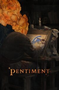 PEntiment - an illustration of a man with his entire head on fire sitting at an easel illuminating a manuscript by hand it's dark and the only visible elements are his arm, his shoulder, the candle behind him, and his head which is on fire