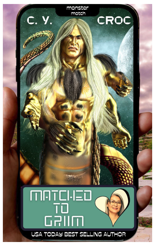 I think the title is Matched to Griim but I can't be sure because the font is terrible. A gold snake man with four arms and long nails and very long hair appears on a cell phone held by a white hand against a space background. the gold snake man is holding one arm out to the reader and there's a small picture of a white woman with grey hair on the lower right inside a tiny heart