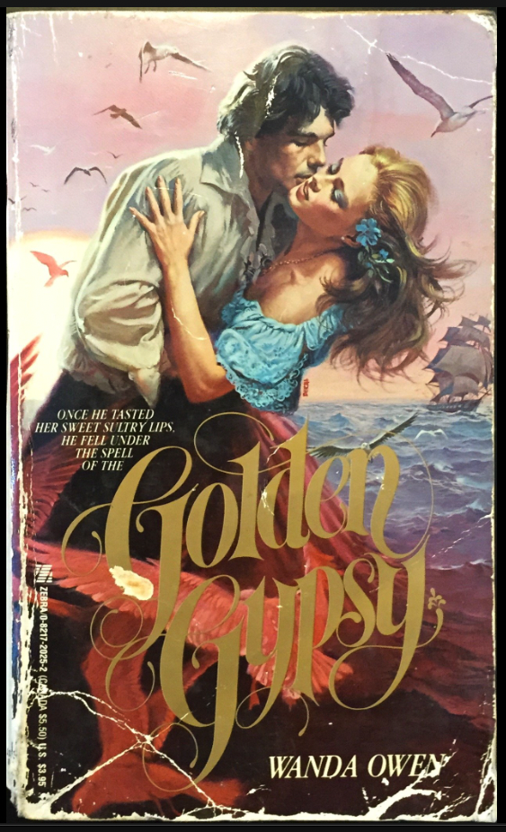 Golden Slur-for-Travelers-that starts with G. Two people are embracing in a lot of wind against a choppy sea with a multi masted ship behind them and seagulls about to fly up her skirt. she is also wearing a blue lace blouse and has matching blue eyeshadow