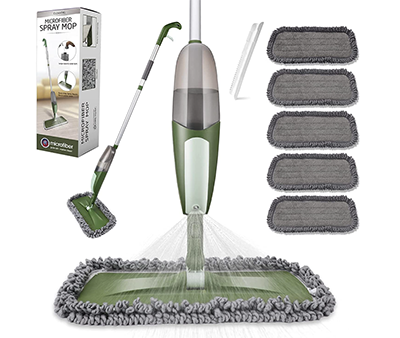 Microfiber spray mop with additional pads. The mop is green plastic with a spray bottle inverted on the handle to spray cleaning product on the floor in front of the pad, and the pads are grey loopy microfiber