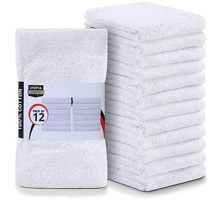 White Kitchen and Bar Towels, set of 12, in a stack and upright wrapped with a label