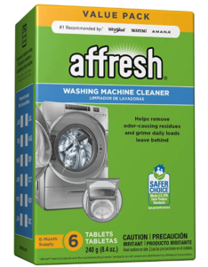 Affresh washing machien cleaner tablets in a green box with an alarmingly sparkly washing machine on the front
