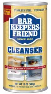 Bar Keepers Friend cleanser, a powder cleanser in a light yellow bottle that literally cleans tf out of everything