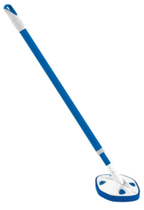 Clorox Extendable pole tub and shower cleaner. A Blue cleaning pad that's roughly football shaped attached to a telescoping pole