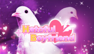 Hatoful Boyfriend in pink with a big pink heart against a background of pigeons looking very romantic