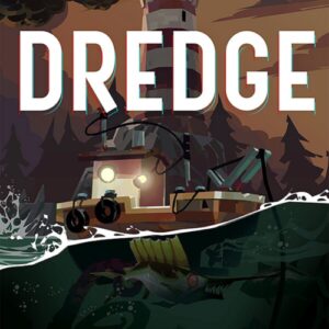 Dredge a fishing boat with lights on the front in murky scary waters with scary looking fish beneath the surface. 