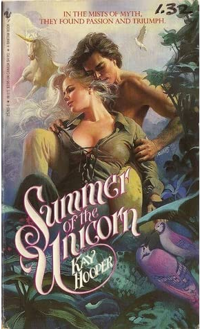 One of Amanda's favorite old covers: a woman in agreen shirt and fawn colored pants is being embraced from behind by a shirtless guy while a unicorn rears ominously behind them like it is going to gore the heck out of that guy 