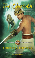 The Chose by Theresa Meyers. A shirtless man is in the foreground. He has on a hard hat, that also has goggles on them. He has tan tight pants, thick work gloves, and a wrist blade of sorts. He's looking at us over his shoulder. There is a blonde woman in the background wearing a dark, off the shoulder dressed. She's crouched down. Both appear to be knee-deep in water.
