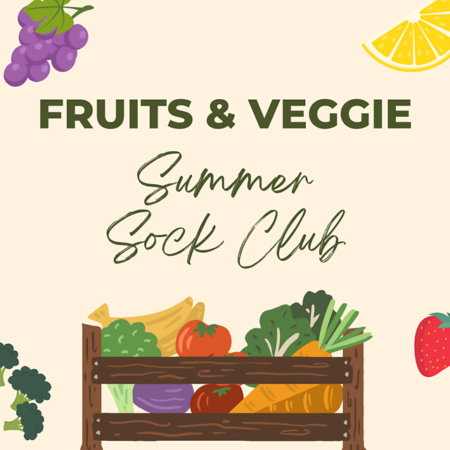 The logo for the Fruits and Veggie Summer Sock Club which is a graphic of a wooden crate filled with fruits and veggies.