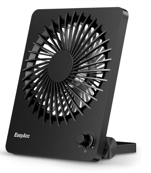 Black plastic battery operated fan with a knob in the lower right corner