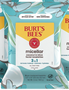 Burt's Bees micellar water makeup wipes in a blue package with a yellow and red label 