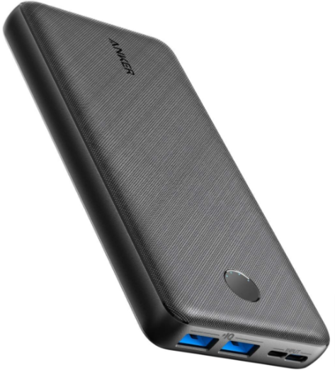 Black anker battery ith blue ports and a button on the top edge