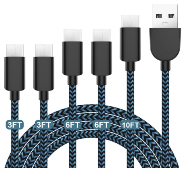 a cluse up of blue fabric wrapped USB C cables in 3 6 and 10 foot lengths
