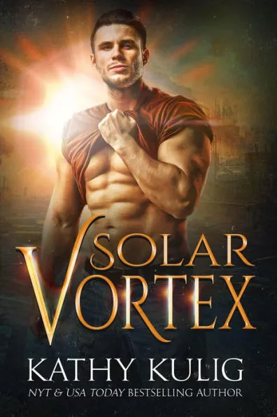 Solar Vortex by Kathy Kulig. A man with many abs is gripping the collar of his own shirt, trying to pull it up. It looks like the sun behind him is exploding.