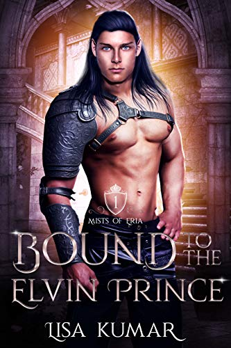 Bound to the Elven Prince by Lisa Kumar. A shirtless, pale man, with long, shiny black hair has the blankest stare I've ever seen. He has a leather bracer and shoulder arm held on by a strap across his chest.