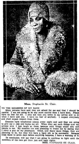 A news clipping with a photo of St. claire and a statement saying "I am going to fight until the members of the race get their just and legal rights."