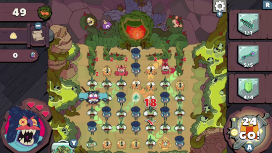 Screenshot of gameplay in Grindstone. there are 35 or so monsters arranged in lines of 7, with gameplay icons on the right indicating tools available and points accrued