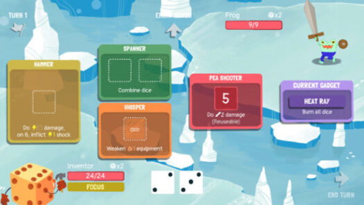 A gameplay screenshot of Dicey Dungeons with five squares on the board that read Hammer Spanner, Whisper, Pea Shooter, and current gadget. there are dice at the bottom reading 2 and 3, and a little dice with arms holding a hammer. The current gadget is HEAT RAY which sounds very cool, and the other cards are not in use yet it seems