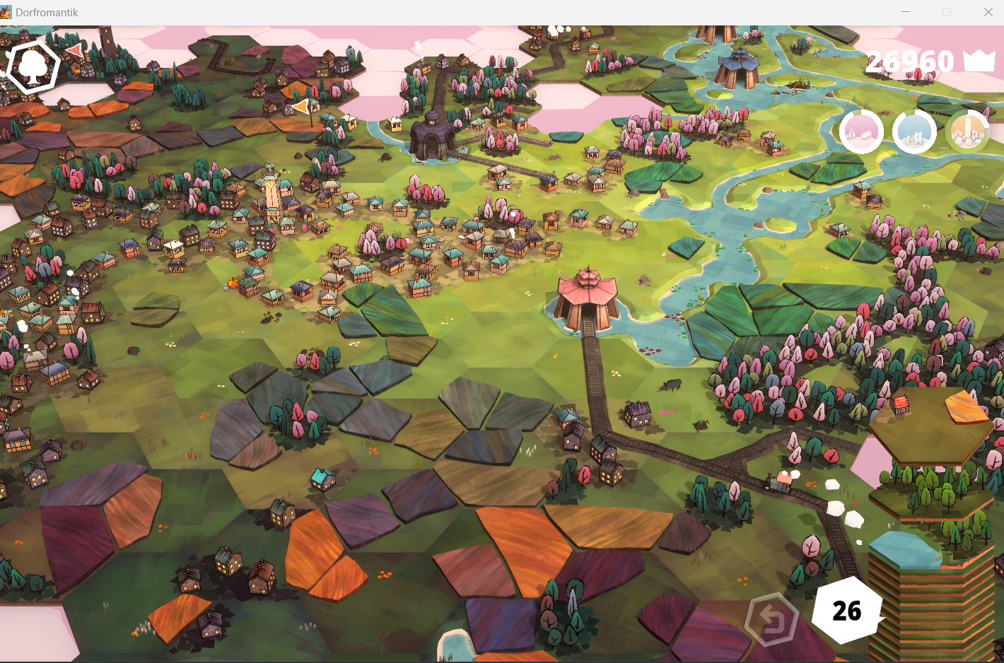 A screenshot of Dorfromantik with hexagonal tiles in different earth tones in the foreground, and little tiny houses and trees in the background