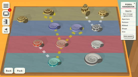 A screenshot of one of the puzzles in fossil corner the board has four stripes top to bottom in yellow, purple, red, and green, and different fossils are in each band, some with dotted lines connecting them. On the right is a Fossil Handbook that reads Traits - one change per generation, aperture, pattern, ribbed, shape, and size