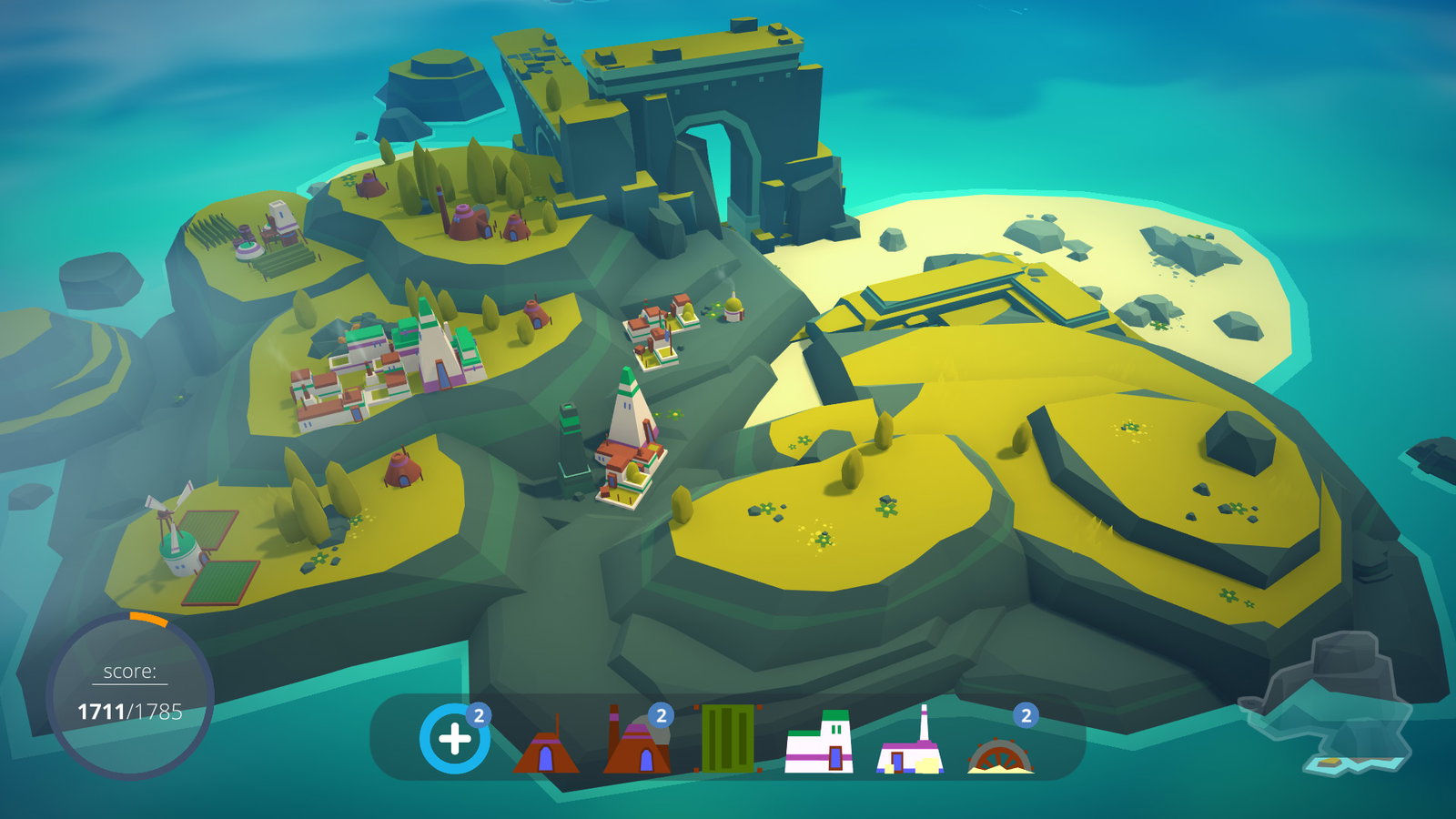A screenshot of Islanders with around eight areas for building, with a lighthouse and some houses in some sections, marked by a lighter green. The island is the middle of an ocean and there's a beach in the top right side. The score is shown at the bottom left, and the number of available buildings are in a menu at the bottom including large house, small houess, light houses and something that looks like a wheel? Maybe it's a water wheel.