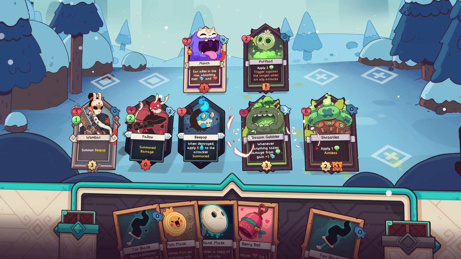A gameplay screenshot from Wildfrost. there are little cards with creatures depicted above them like Puffball and Wombat with unplayed cards in a section at the bottom of the screen.