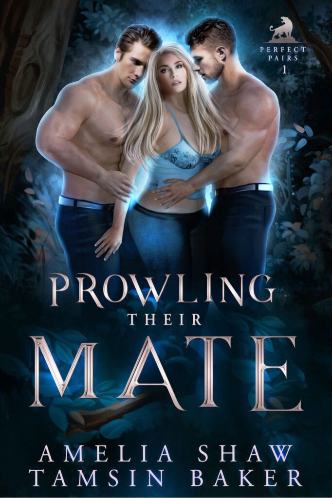 Prowling Their Mate by Amelia Shaw and Tamsin Baker. Two shirtless men surround a curving blonde woman wearing jeans and a blue tank top. All three of them appear to be glowing.
