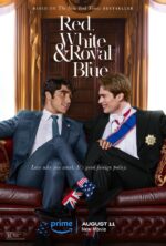 Red White and Royal Blue movie poster - two men in suits looking at each other with legs crossed so their ankles touch. One dude is wearing stars and stripes socks and the other is wearing union jack socks and a prince ribbon