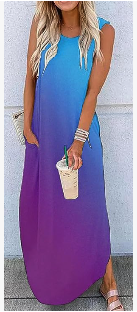 A gradient fade sleeveless maxi dress in blue fading to purple with a scooped hem 