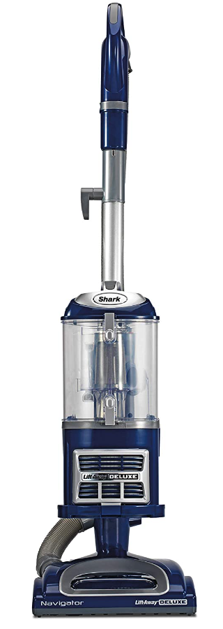Shark Liftaway Deluxe upright vacuum in blue with a clear canister
