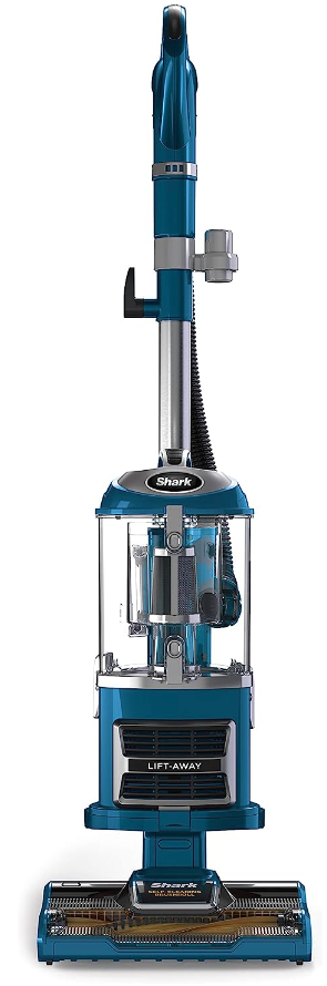 A blue Shark vacuum with LIFT AWAY written on the front and a clear canister in the middle