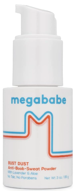 Megababe Bust Dust sweat absorbing powder in a white bottle dispense with blue lettering