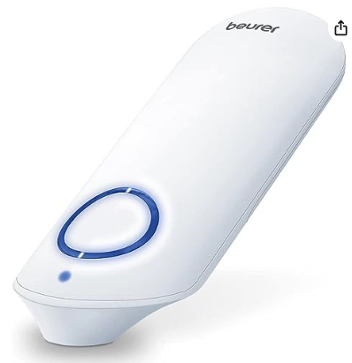 Beurer BR60 Insect Sting and Bite Relief Healer a white oblong device that's about palm sized with a blue button and a blue ring of light around the button