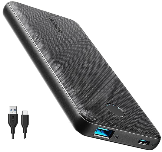 A black Anker power bank with a textured top and blue plastic ports 