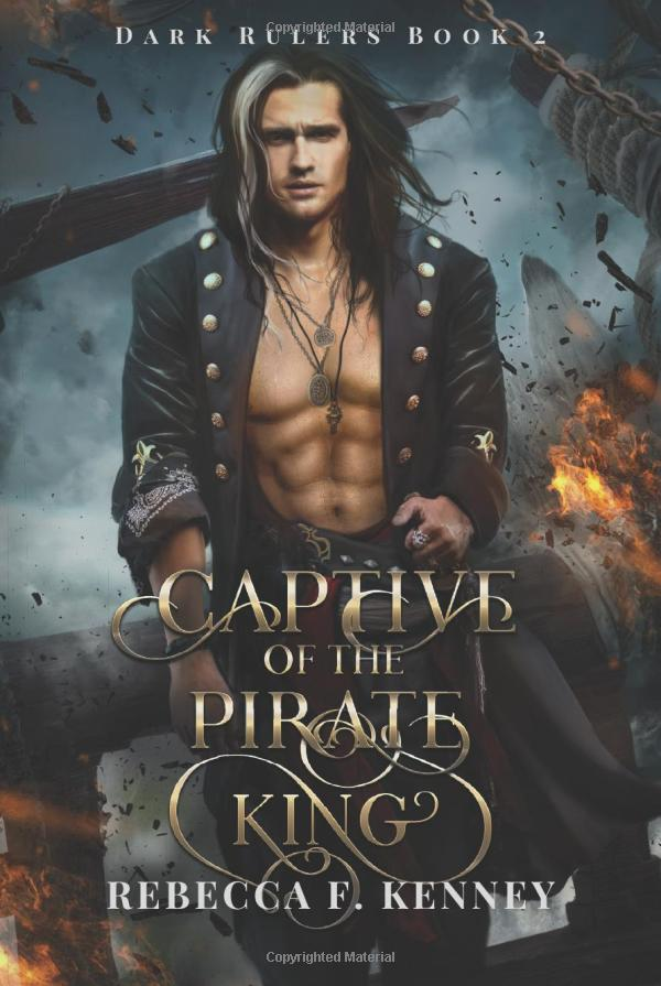 Captive of the Pirate King by Rebecca F. Kenney. A pirate man smoldering while the ship behind him explodes. Cool guys don't look at explosions. The broken mast is falling behind him, looking like it's going through his head. His pirate coat is unbuttoned, revealing an eight pack and there's a streak of white in his long, dark hair.