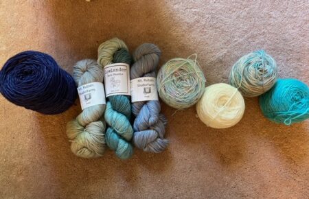 Skeins of blue yarn