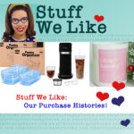 Stuff We Like - Recommendations from our purchase history with a picture of some organizing bins, a coffee maker and a candle