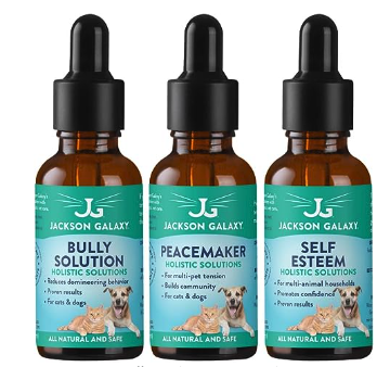 Jackson Galaxy Pet Solutions Peacemaker, Bully, and Self Esteem in dropped bottles with teal green labels
