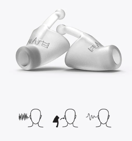 FLARE AUDIO Calmer, translucent ear plugs with a tilted tiny handle on the top to remove and insert them kind of looks like a kidney with a tail 