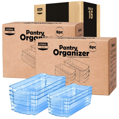 Utopia pantry organizer, 16 bins in two sizes. In this picture the bins are a light blue 