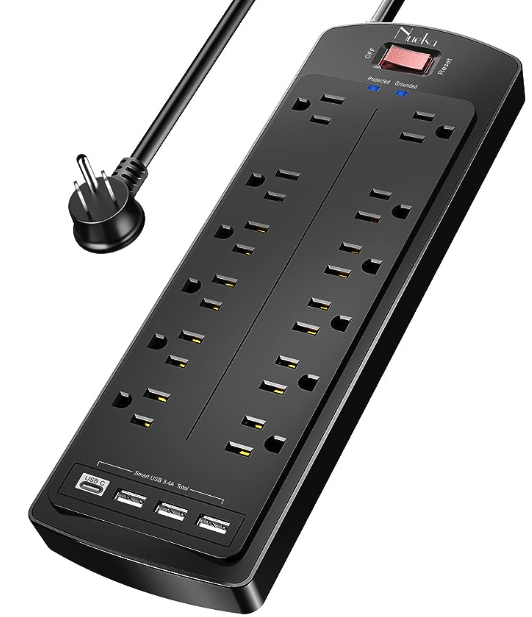 A black power strip surge suppressor with 12 outlets and 4 USB ports and a 6' cord